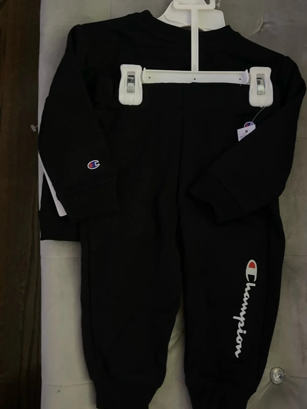 Champion Black Crewneck Sweatshirt with White Script and Red Accent